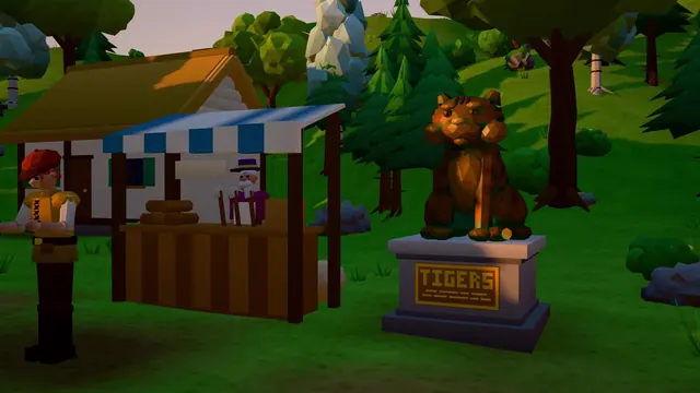 Cobblethorn's stall with its blue and white awning, beside the bronze statue of Tigers.