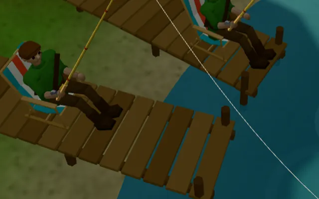 Two players fishing side by side in beach chairs